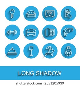 Set line Covered with tray of food, Table lamp, Hotel door lock key, Sunbed umbrella, Suitcase, Bedroom, Hair dryer and Telephone handset icon. Vector