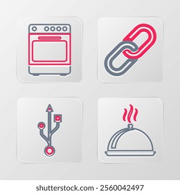 Set line Covered with tray of food, USB, Chain link and Oven icon. Vector