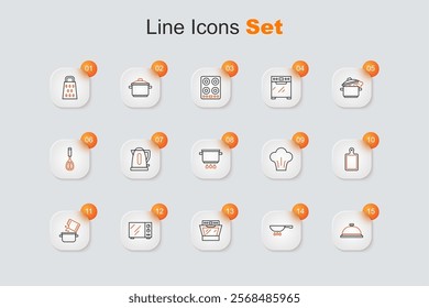 Set line Covered with tray of food, Frying pan on fire, Oven, Microwave oven, Cooking pot and spice, Cutting board, Chef hat and  icon. Vector