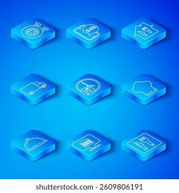 Set line Covered with a tray of food, Round the clock delivery, Online ordering burger, Chef hat, and, Fast by car, Donut and Cafe restaurant location icon. Vector