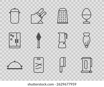 Set line Covered with a tray of food, Kettle handle, Grater, Cutting board, Cooking pot, Honey dipper stick, Meat chopper and Pastry bag for decorate cakes icon. Vector