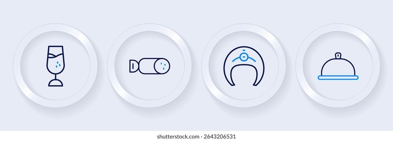 Set line Covered with tray of food, Fish steak, Salami sausage and Wine glass icon. Vector