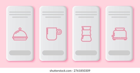 Set line Covered with tray of food, Coffee cup, turk and Toaster. White rectangle button. Vector