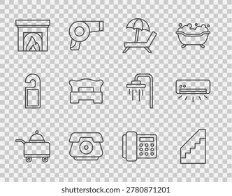 Set line Covered with tray of food, Stairs, Sunbed umbrella, Telephone handset, Interior fireplace, Bedroom,  and Air conditioner icon. Vector
