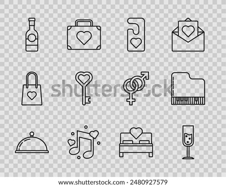 Set line Covered with a tray of food, Glass champagne, Please do not disturb heart, Music note, tone hearts, Champagne bottle, Key in shape, Bedroom and Grand piano icon. Vector