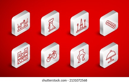 Set line Covered with tray, French rooster, Place De La Concorde, baguette bread, Frog legs, cafe, Bicycle and Notre Dame icon. Vector