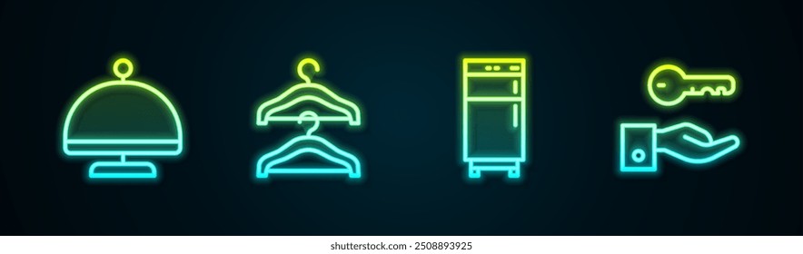 Set line Covered with tray, Hanger wardrobe, Refrigerator and Hotel door lock key. Glowing neon icon. Vector