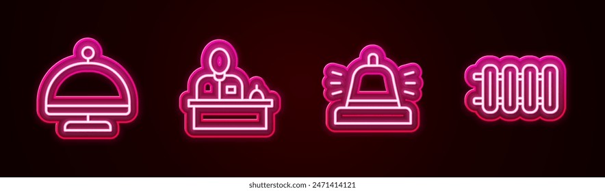 Set Linie Mit Tablett, Hotelrezeption, Serviceglocke und Heizkörper bedeckt. Leuchtendes Neon-Symbol. Vektorgrafik