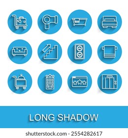 Set line Covered with tray, Hotel building, Suitcase, Five stars rating review, Lift, Stairs up, Towel on hanger and  icon. Vector