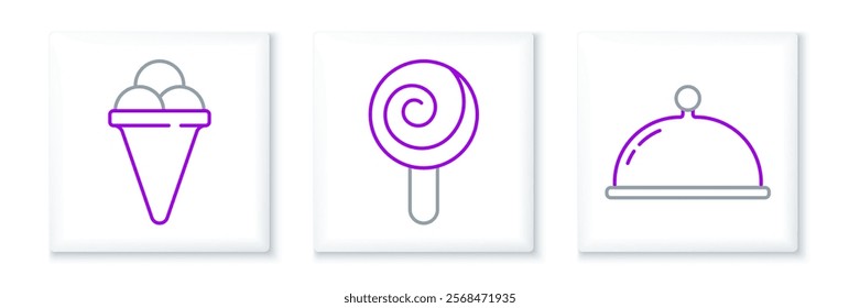 Set line Covered with tray, Ice cream in waffle cone and Lollipop icon. Vector