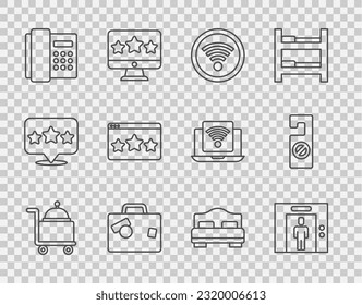 Fijar línea Cubierta con bandeja, elevador, Wi-Fi inalámbrico, maleta, teléfono, revisión de calificación de cinco estrellas, cama de habitación de hotel y Por favor no perturbe el icono. Vector