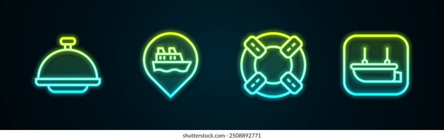 Set line Cubierto con bandeja, crucero de Locación, boya salvavidas y bote salvavidas. Icono de neón brillante. Vector