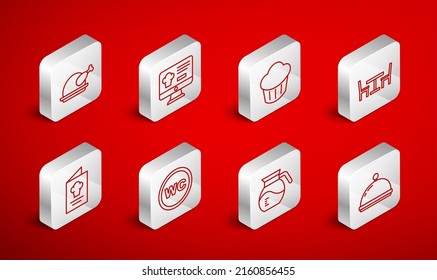 Set Line Covered With Tray, Online Ordering And Delivery, Cupcake, Wooden Table Chair, Coffee Pot, Roasted Turkey Chicken, Toilet And Cookbook Icon. Vector