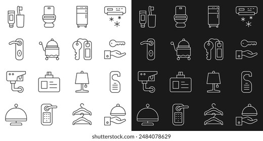 Set line Covered with tray, Please do not disturb, Hotel door lock key, Refrigerator, Door handle, Toothbrush toothpaste and  icon. Vector