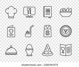 Línea cubierta con bandeja, menú del restaurante café, huevo de pollo en el stand, sombrero de chef, cuchara de cocina, icono de pizzas y plato de carne de bistec. Vector