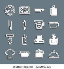 Set line Covered with tray, Sauce bottle, Bowl, Frying pan, Knife, Cutting board and Measuring cup icon. Vector