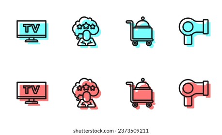 Set line Covered with tray, Smart Tv, Five stars rating review and Hair dryer icon. Vector