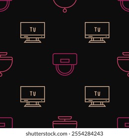 Set line Covered with tray, Smart Tv and Bellboy hat on seamless pattern. Vector