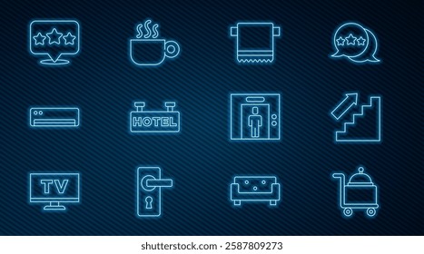 Set line Covered with tray, Stairs up, Towel on hanger, Signboard text Hotel, Air conditioner, Five stars rating review, Lift and Coffee cup icon. Vector