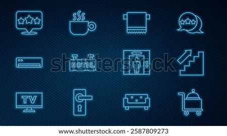 Set line Covered with tray, Stairs up, Towel on hanger, Signboard text Hotel, Air conditioner, Five stars rating review, Lift and Coffee cup icon. Vector