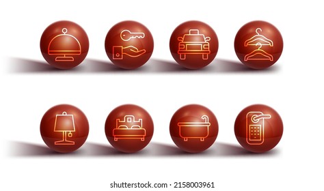 Set line Covered with tray, Table lamp, Hanger wardrobe, Bathtub, Bedroom, Hotel door lock key, Digital and Taxi car icon. Vector