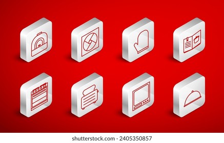 Set line Covered with tray, Ventilation, Oven glove, Cookbook, Electronic scales, Toaster toasts and  icon. Vector