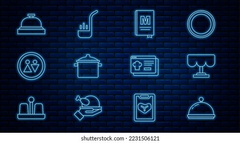 Set line Covered with tray, Wooden table, Restaurant cafe menu, Cooking pot, Toilet, Hotel service bell, Online ordering and delivery and Kitchen ladle icon. Vector
