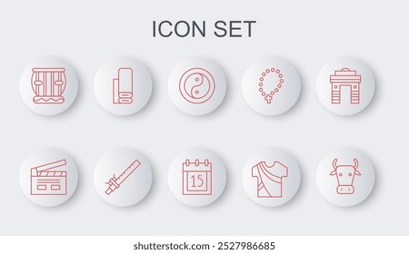 Set line Cow, Bollywood indian cinema, Yin Yang, Indian man dress, Instrument tabla, textile fabric, Bamboo flute and Independence day icon. Vector