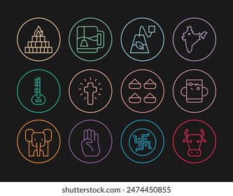 Set line Cow, Cup of tea and leaf, Tea bag, Christian cross, Sitar, Yagna, Indian spice and with icon. Vector