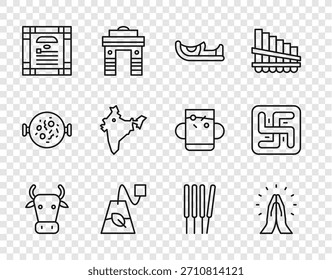 Set Linie Kuh, Hände in betender Position, indische Schuhe, Teebeutel, Verfassungstag, Karte, Aroma-Sticks, Weihrauch und Hindu-Hakenkreuz-Symbol. Vektorgrafik