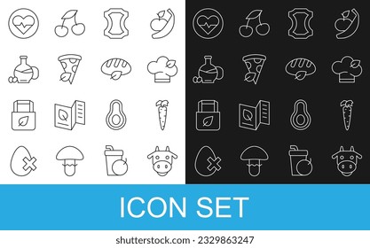 Set line Cow head, Carrot, Vegan food diet, Leather, pizza slice, Bottle of olive oil, Heart rate and bread loaf icon. Vector