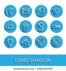 Set line Cow head, Horse, Collar with name tag, Cat, Paw print, Crocodile and Worm icon. Vector