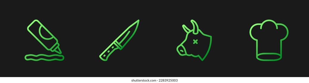 Set line Cow head, Ketchup bottle, Meat chopper and Chef hat. Gradient color icons. Vector