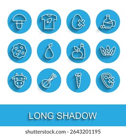 Set line Cow head, Onion, Mushroom, Carrot, No meat, Pear, Leaf and Apple cider vinegar in bottle icon. Vector