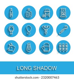 Set line Cow head, Salt, Beer bottle, Oven glove, Grilled shish kebab, Chicken leg,  and Sausage on the fork icon. Vector