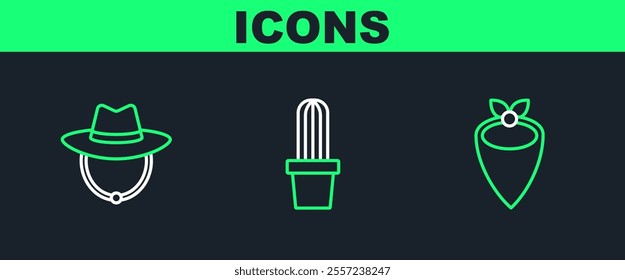 Set line Cowboy bandana, Western cowboy hat and Cactus peyote in pot icon. Vector