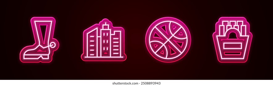 Set line Cowboy boot, City landscape, Basketball ball and Potatoes french fries in box. Glowing neon icon. Vector