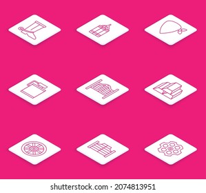 Set line Cowboy boot, Dynamite bomb, bandana, Canteen water bottle, Saloon door, Gold bars, Old wooden wheel and  icon. Vector