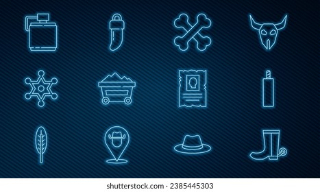 Set line Cowboy boot, Dynamite bomb, Crossed human bones, Coal mine trolley, Hexagram sheriff, Canteen water bottle, Wanted western poster and Tooth icon. Vector