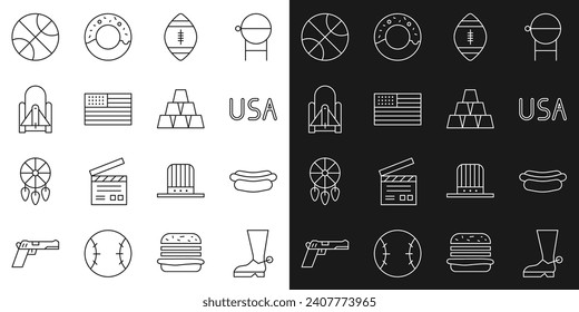 Set line Cowboy boot, Hotdog sandwich, USA label, American Football ball, flag, Rocket launch from the spaceport, Basketball and Gold bars icon. Vector