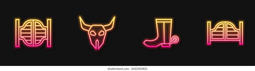 Set line Cowboy boot, Saloon door, Buffalo skull and . Glowing neon icon. Vector