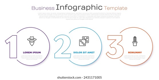 Set line Cowboy, Game dice and Cactus peyote in pot. Business infographic template. Vector
