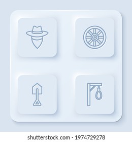Set line Cowboy, Old wooden wheel, Shovel and Gallows. White square button. Vector