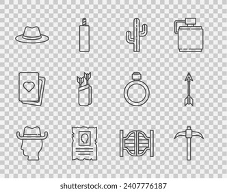 Set line Cowboy, Pickaxe, Cactus, Wanted western poster, Western cowboy hat, Quiver with arrows, Saloon door and Crossed icon. Vector