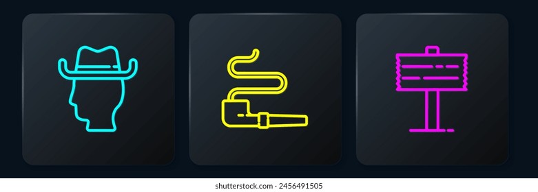 Set line Cowboy, Road traffic signpost and Smoking pipe. Black square button. Vector