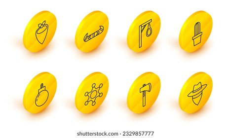 Set line Cowboy, Tomahawk axe, Hexagram sheriff, Bomb ready to explode, Cactus peyote in pot, Gallows, Kayak or canoe and paddle and bandana icon. Vector