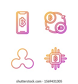 Set line CPU mining farm, Cryptocurrency coin Ripple XRP, Phone mobile and cryptocurrency coin Bitcoin and Cryptocurrency exchange. Gradient color icons. Vector