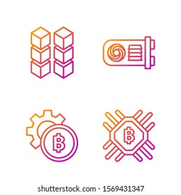 Set line CPU mining farm, Cryptocurrency coin Bitcoin, Blockchain technology and Mining farm. Gradient color icons. Vector