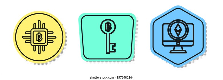Set line CPU mining farm, Cryptocurrency Bitcoin key and Monitor and Cryptocurrency coin Ethereum ETH. Colored shapes. Vector