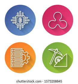 Set line CPU mining farm, Cryptocurrency coin Ripple XRP, Server and gear and Cryptocurrency cloud mining. Color circle button. Vector